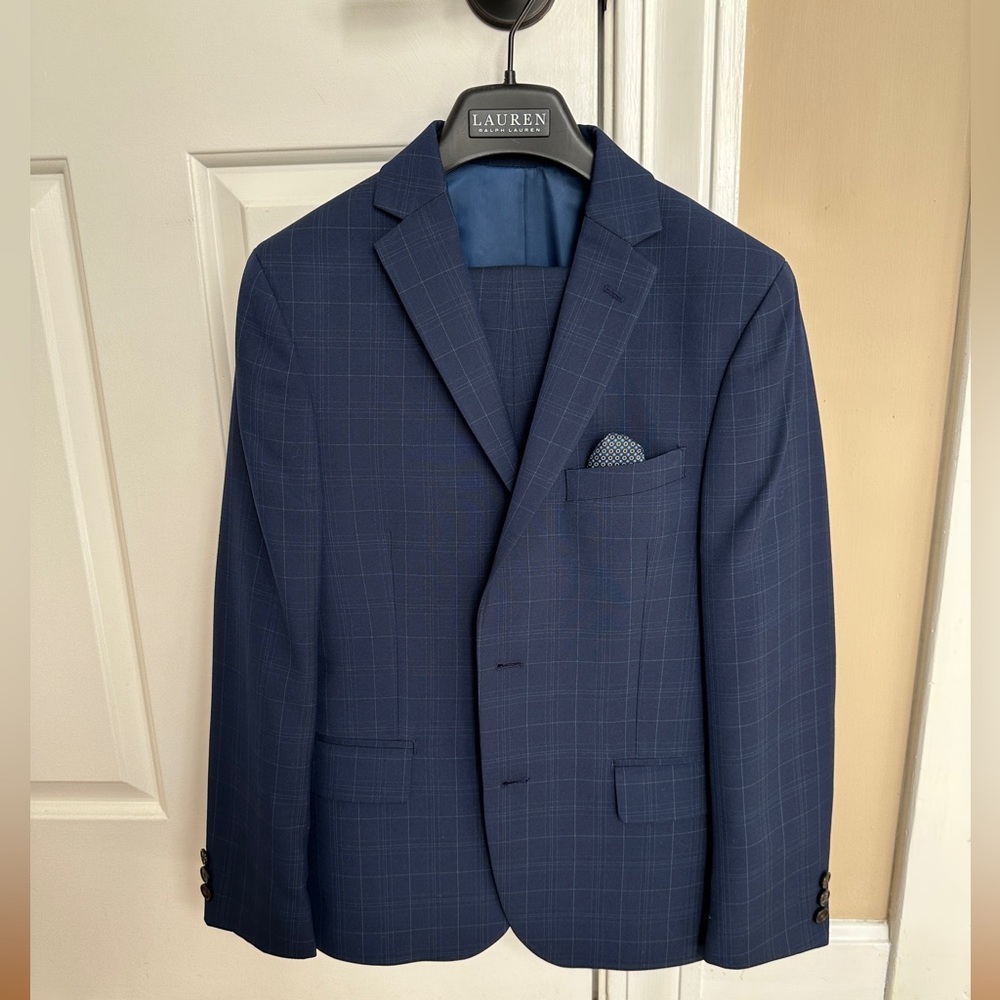 Lauren Ralph Lauren Navy Windowpane Blazer with Pocket Square